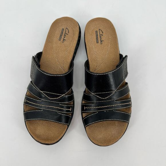 Clarks Comfort Slide Sandals Womens 7M Black Leather White Whip Stitch Open Toe - Picture 3 of 9